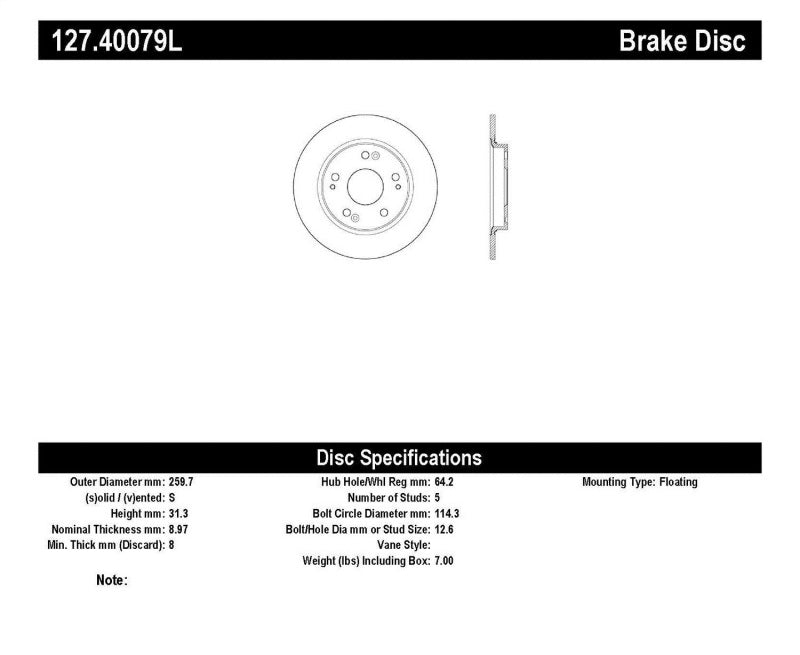 StopTech Honda CR-Z Left Rear Slotted & Drilled Rotor