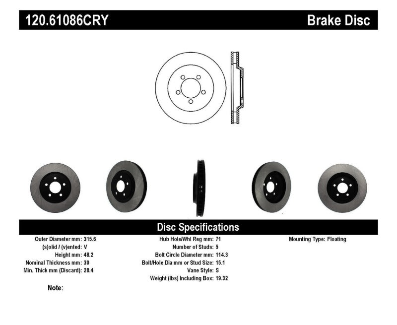 Stoptech 05-14 Ford Mustang Premium Front CryoStop Brake Rotor