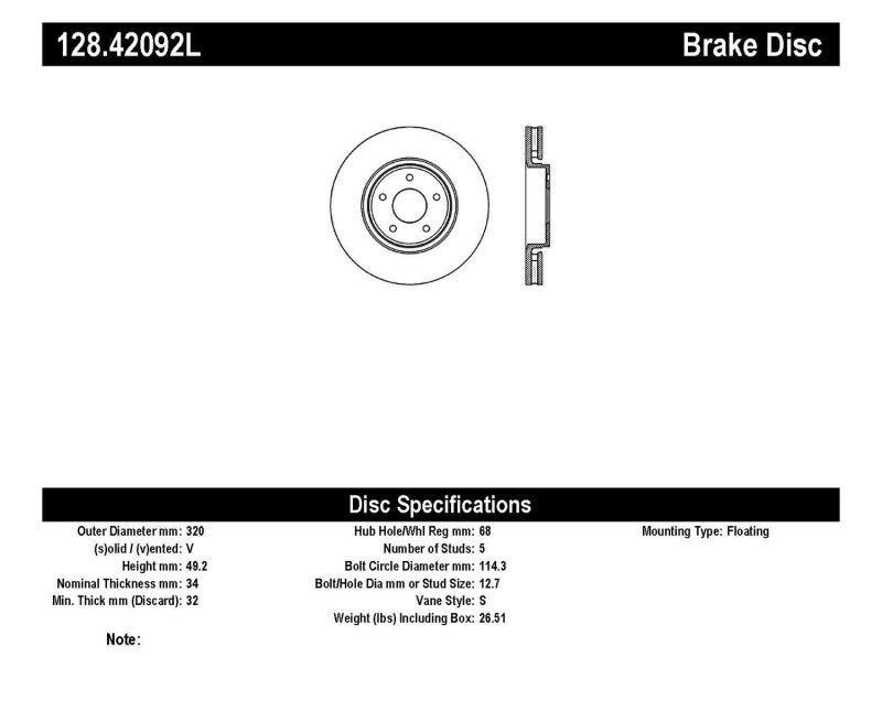 StopTech 11/05+ Infinity FX 35/45 SportStop Drilled Front Left Rotor